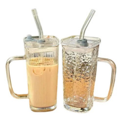 Taza Vaso Vidrio Bebidas 380ml Manija Tapa