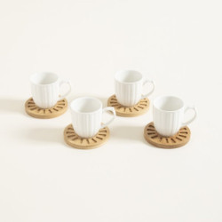 Set X 4 Tazas De Porcelana Blanca Rayadas Plato De Bamboo 160Ml (MSK) 13436