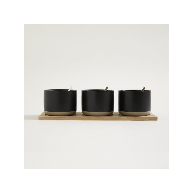 Set X 3 Copetineros De Porcelana Negra Bamboo Y Cucharas 34X12Cm (MSK) 13390