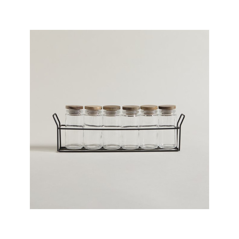 Set X 6 Especieros Vidrio Y Acacia En Rack 90 Ml - 30X4X10 Cm (MSK) 13584